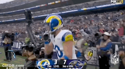 Football Player In Rams Uniform Celebrating Touchdown Against Ravens GIF