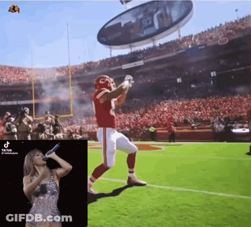 Football Player Jumping As Woman Sings To Crowd GIF