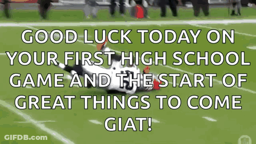 Football Player Laying On Field Good Luck First High School Game GIF