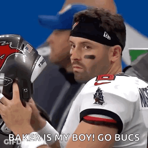 Football Player Saying Baker Is My Boy Go Bucs Putting On Helmet GIF