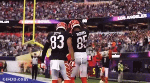 Football Players Boyd And Higgins Celebrate A Touchdown On The Field GIF