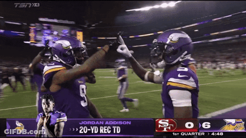 Football Players High Five After Jordan Addison 20 Yd Rec TD GIF