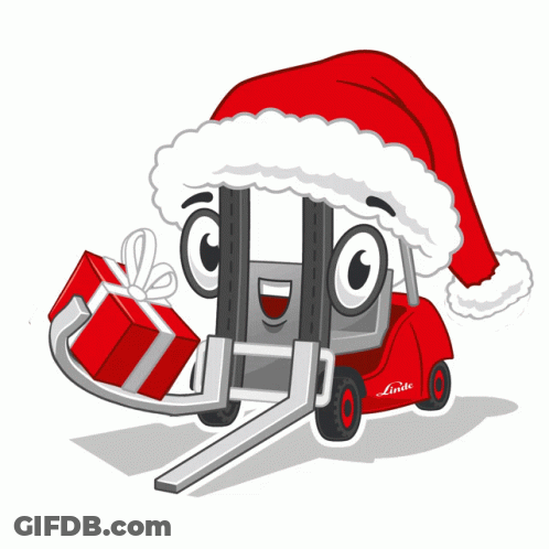 Forklift In Santa Hat Carrying Gift GIF