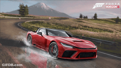Forza Horizon 4 Red Sports Car Driving Down Wet Road GIF