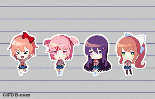 Four Anime Characters Are Lined Up In A Row On A Grey Background GIF