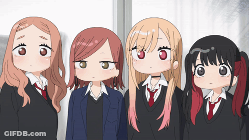 Four Anime Girls Standing And Looking At Camera GIF