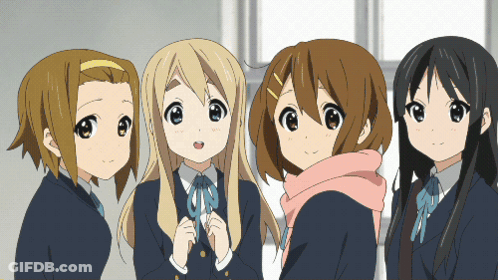 Four Anime Girls Standing Together One In Pink Scarf GIF