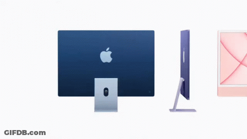 Four Apple Computer Monitors In Different Colors Are Lined Up On A White Background GIF