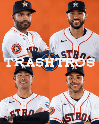 Four Astros Players Posing For A Picture With The Word Trashitos Written Above Them GIF