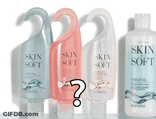 Four Bottles Of Avon Skin So Soft Are Lined Up GIF