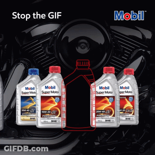 Four Bottles Of Mobil Super Moto Motor Oil Are Lined Up In Front Of A Motorcycle GIF