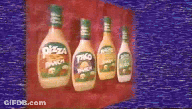 Four Bottles Of Pizza Ranch And Taco Ranch Are Lined Up GIF