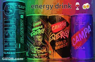 Four Cans Of Campa Energy Drink Are Lined Up GIF