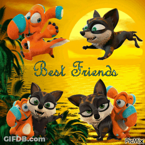 Four Cartoon Animals Best Friends GIF