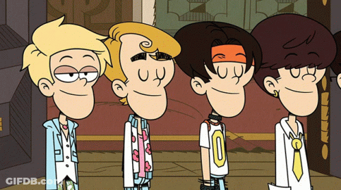 Four Cartoon Characters Are Standing Next To Each Other With One Wearing A Shirt That Says 0 GIF