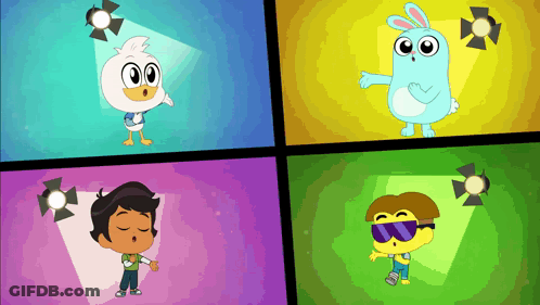 Four Cartoon Characters In Front Of Spotlights GIF