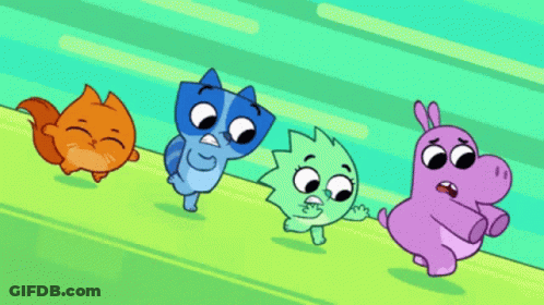 Four Cartoon Characters Running In A Line With Hippopotamus GIF