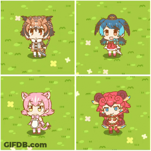 Four Cartoon Characters Standing On Green Field With Flowers GIF