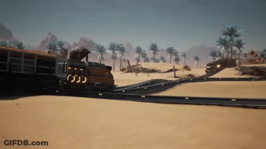 Four Clashing Train Crash In The Sand GIF