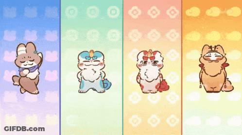 Four Different Cartoon Animals With Chinese Writing GIF