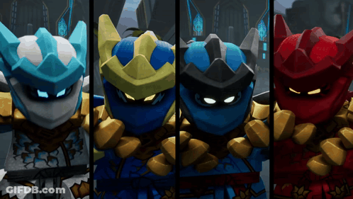 Four Different Colored Ninjas Are Standing Next To Each Other In A Row GIF