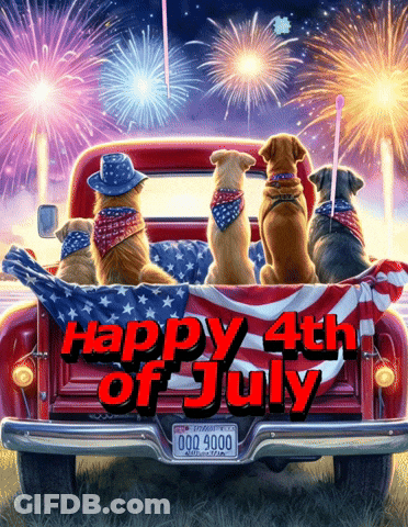 Four Dogs In Red Truck Happy 4Th Of July GIF