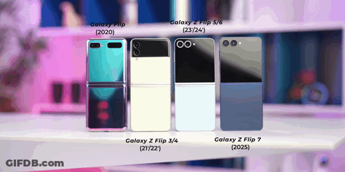 Four Galaxy Z Flip Phones Are Lined Up On A White Table GIF
