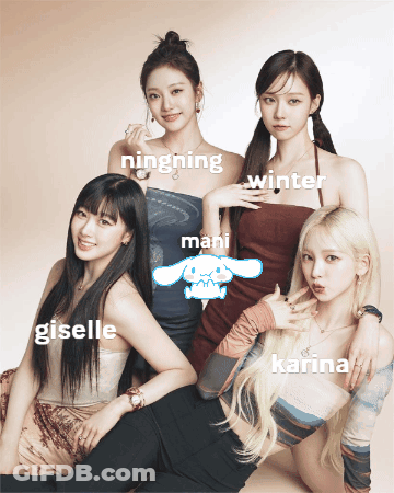 Four Girls Are Posing For A Picture With The Words Ningning Winter Mani Giselle And Karina Written On The Bottom GIF