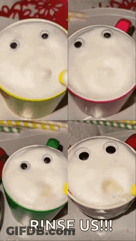 Four Googly Eye Cups Saying Rinse Us GIF