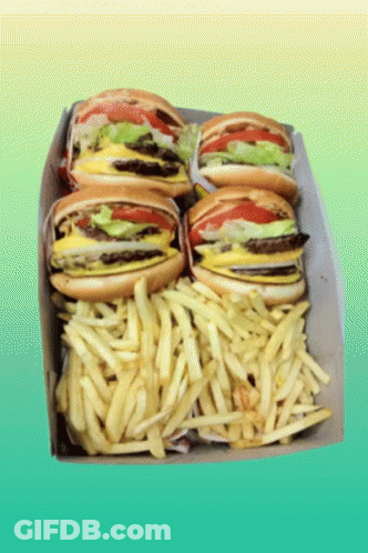 Four Hamburgers And French Fries In A Box On A Green Background GIF