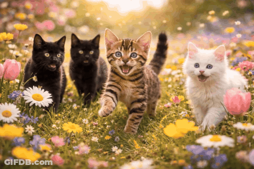 Four Kittens Running In A Field Of Flowers GIF