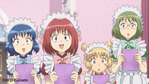 Four Maids Holding Purple Papers GIF