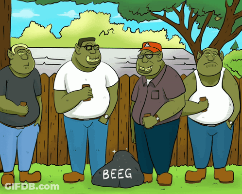 Four Orcs Standing Next To Rock Named Beeg GIF
