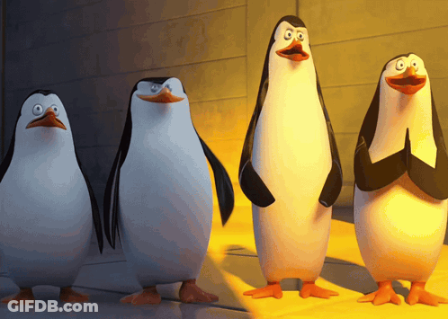 Four Penguins Are Standing Next To Each Other With Their Arms Folded GIF