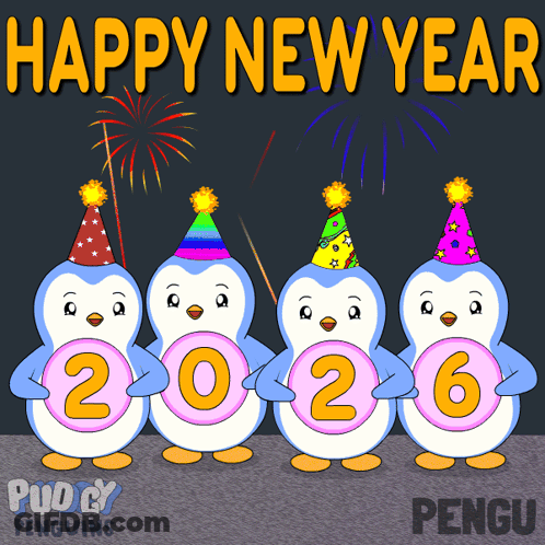 Four Penguins Wearing Party Hats Are Holding A Sign That Says Happy New Year GIF
