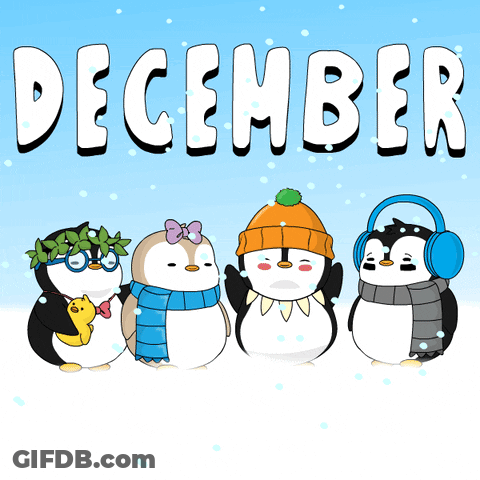 Four Penguins Wearing Scarves And Hats Are Standing In The Snow With The Word December Above Them GIF