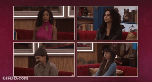 Four People Sitting On Red Couch GIF