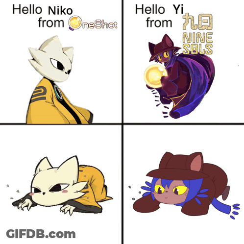 Four Pictures Of A Cat With The Words Hello Niko From Oneshot And Hello Yi From Nine Souls GIF