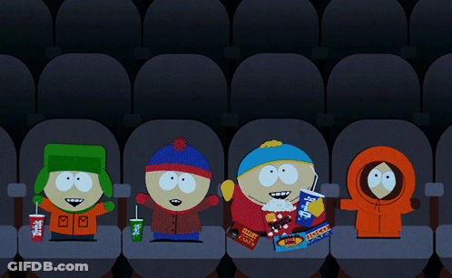 Four South Park Characters Are Sitting In A Movie Theater GIF