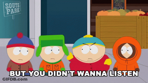 Four South Park Characters Are Standing In Front Of A Sign That Says South Park GIF