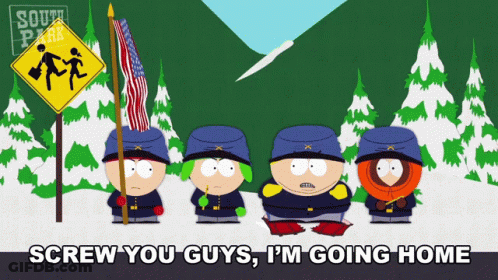 Four South Park Characters Are Standing In Front Of A Yellow Sign That Says South Park GIF