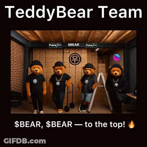 Four Teddy Bears Standing In Warehouse Saying Teddy Bear Team OG / CA GIF