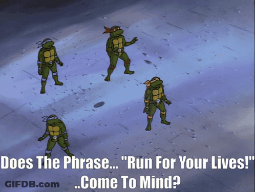Four Teenage Mutant Ninja Turtles Standing Next To Each Other With The Caption " Does The Phrase " Run For Your Lives " GIF