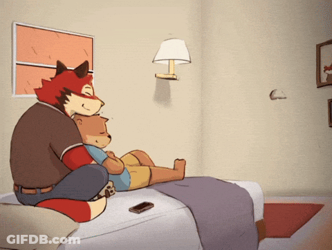 Fox And Bear Hugging On Bed GIF
