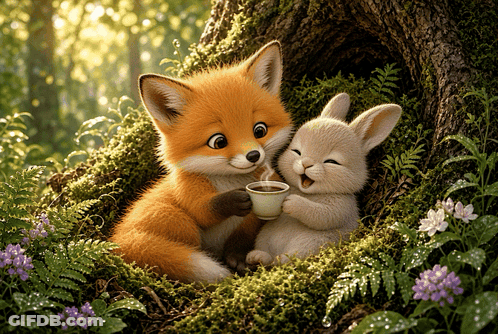 Fox And Rabbit Sitting Under Tree Drinking From Cup GIF