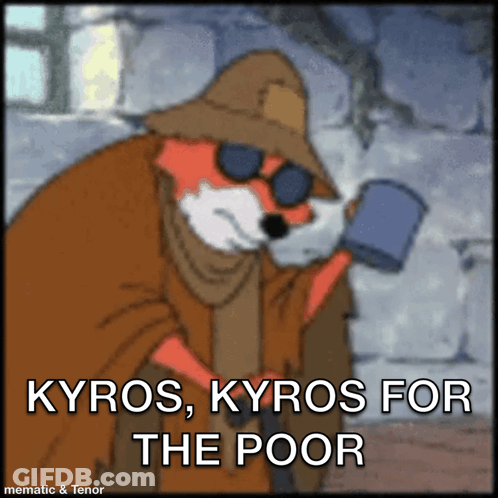 Fox Holding Mug Saying Kyros Kyros For The Poor GIF