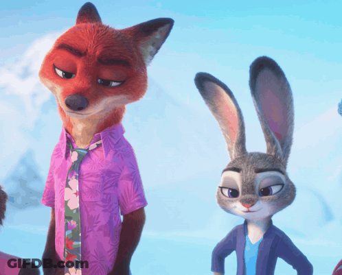 Fox In Purple Shirt And Tie Next To Rabbit GIF
