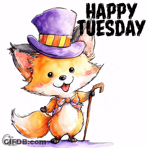 Fox In Top Hat Holding Cane Saying Happy Tuesday GIF