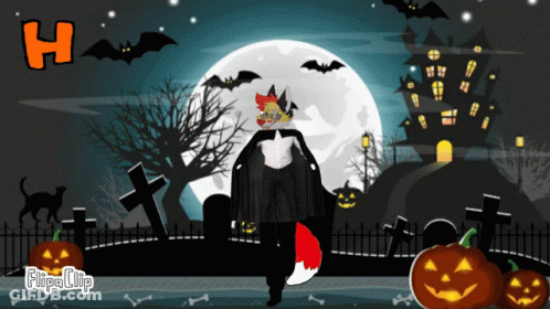 Fox In Vampire Costume In Cemetery With Pumpkins And Bats GIF