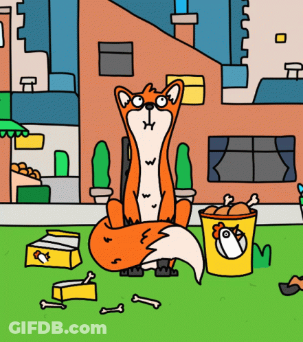 Fox Sitting Next To Trash Can With Chicken Wings GIF